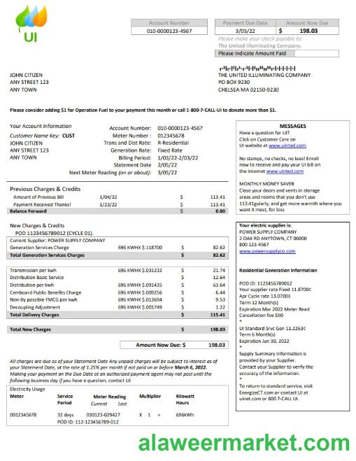 USA Massachusetts Chelsea UI The United Illuminating Company utility bill Word and PDF template